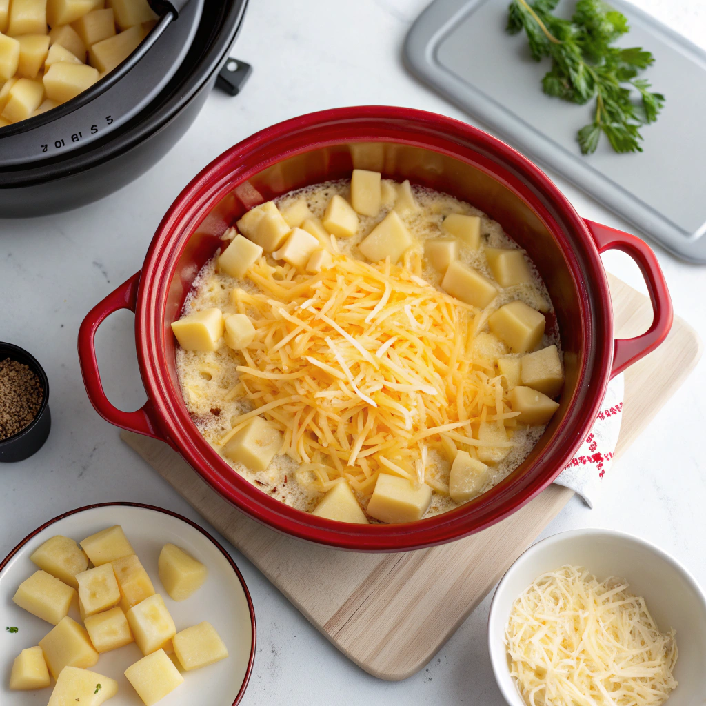 All ingredients needed for crockpot cheesy potatoes recipe laid out on white marble counter