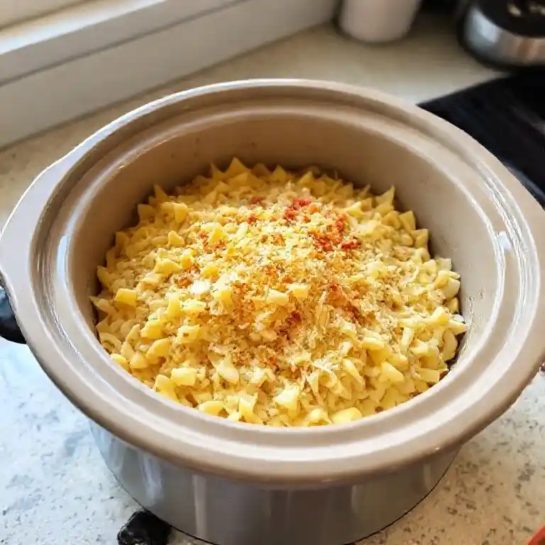 Crockpot Mac and Cheese 7 Uncooked pasta and cheese ingredients in crockpot before slow cooking