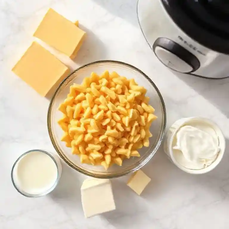 Crockpot Mac and Cheese 6 Ingredients for crockpot mac and cheese including cheese, pasta, and dairy productsIngredients for crockpot mac and cheese including cheese, pasta, and dairy products