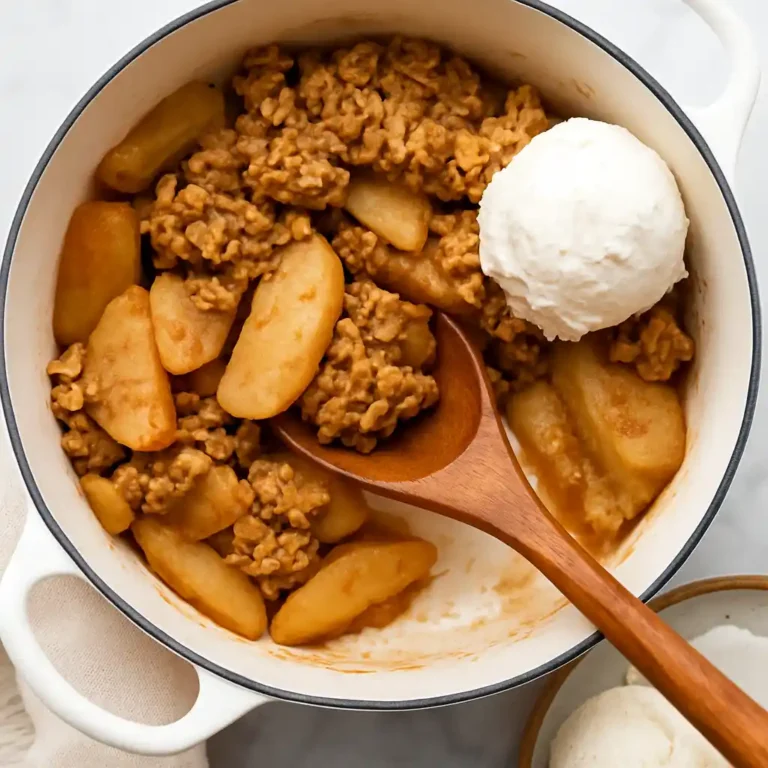 Golden healthy apple crisp for weight loss in white baking dish with almond flour topping, cinnamon, and fork
