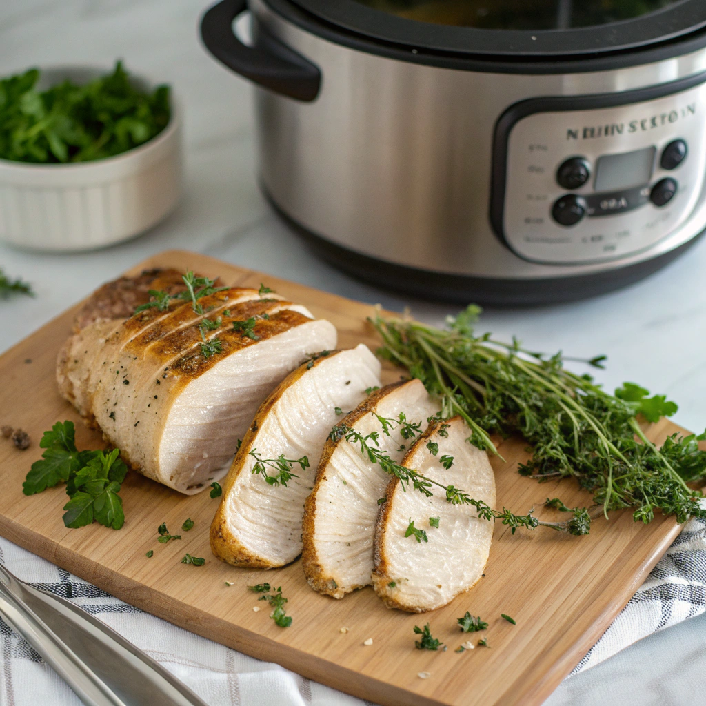 Garlic butter chicken and vegetables in crockpot