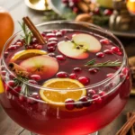 Sparkling apple cranberry Thanksgiving punch recipe in glass bowl with fruit garnishes