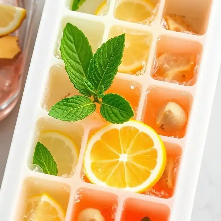 Fat Burning Ice Cubes 2 Fat burning ice cubes in tray with lemon, ginger, and mint ingredients for weight loss