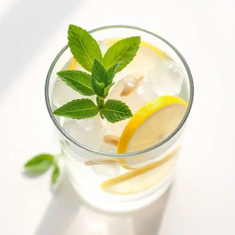 Fat Burning Ice Cubes 1 Fat burning ice cubes made with lemon, ginger, and mint in a clear glass of cold water on a white background.