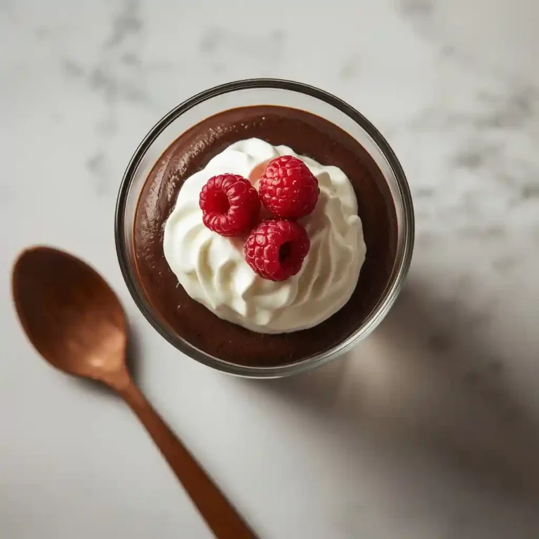 Keto Chocolate Mousse 1 Keto chocolate mousse in a clear glass cup topped with whipped cream and fresh raspberries