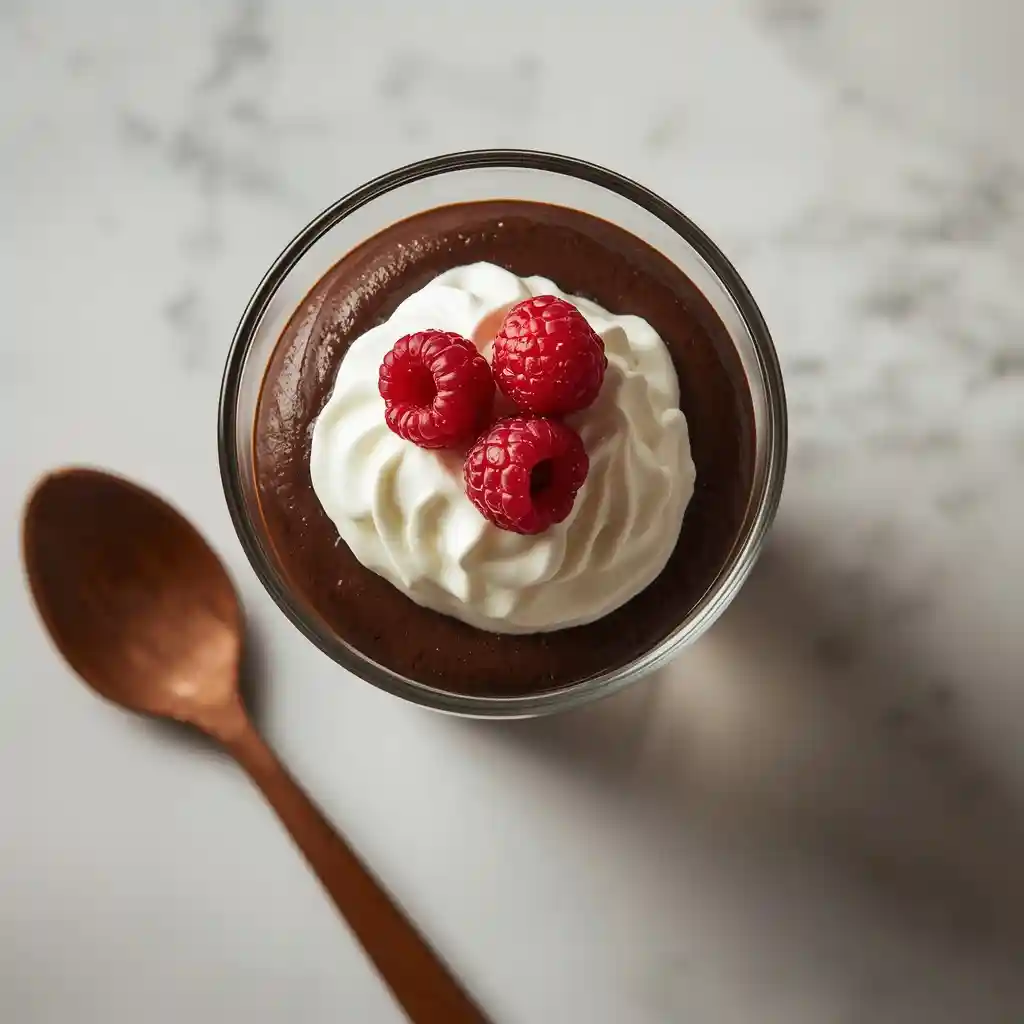 Keto Chocolate Mousse 3 Keto chocolate mousse in a clear glass cup topped with whipped cream and fresh raspberries