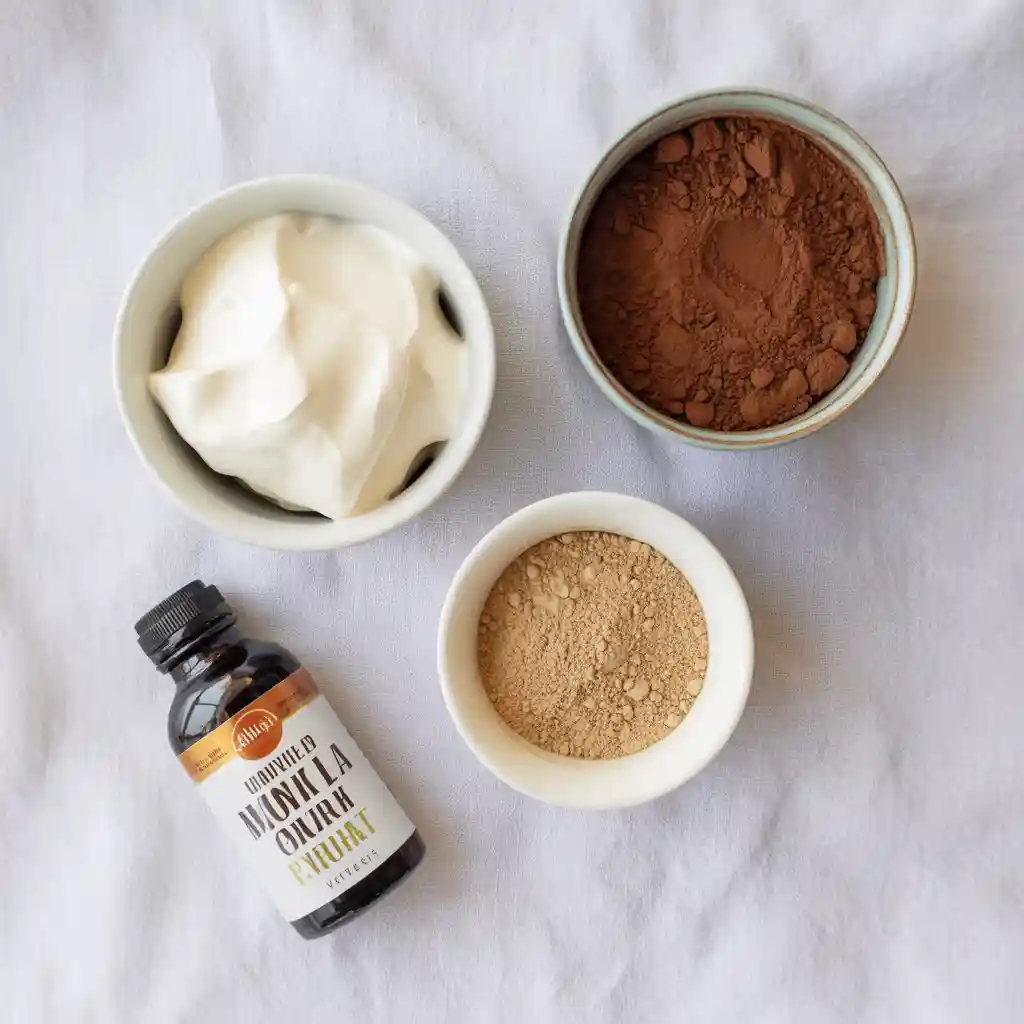 Keto Chocolate Mousse 2 Ingredients for keto chocolate mousse including heavy cream, cocoa powder, monk fruit sweetener, and vanilla extract