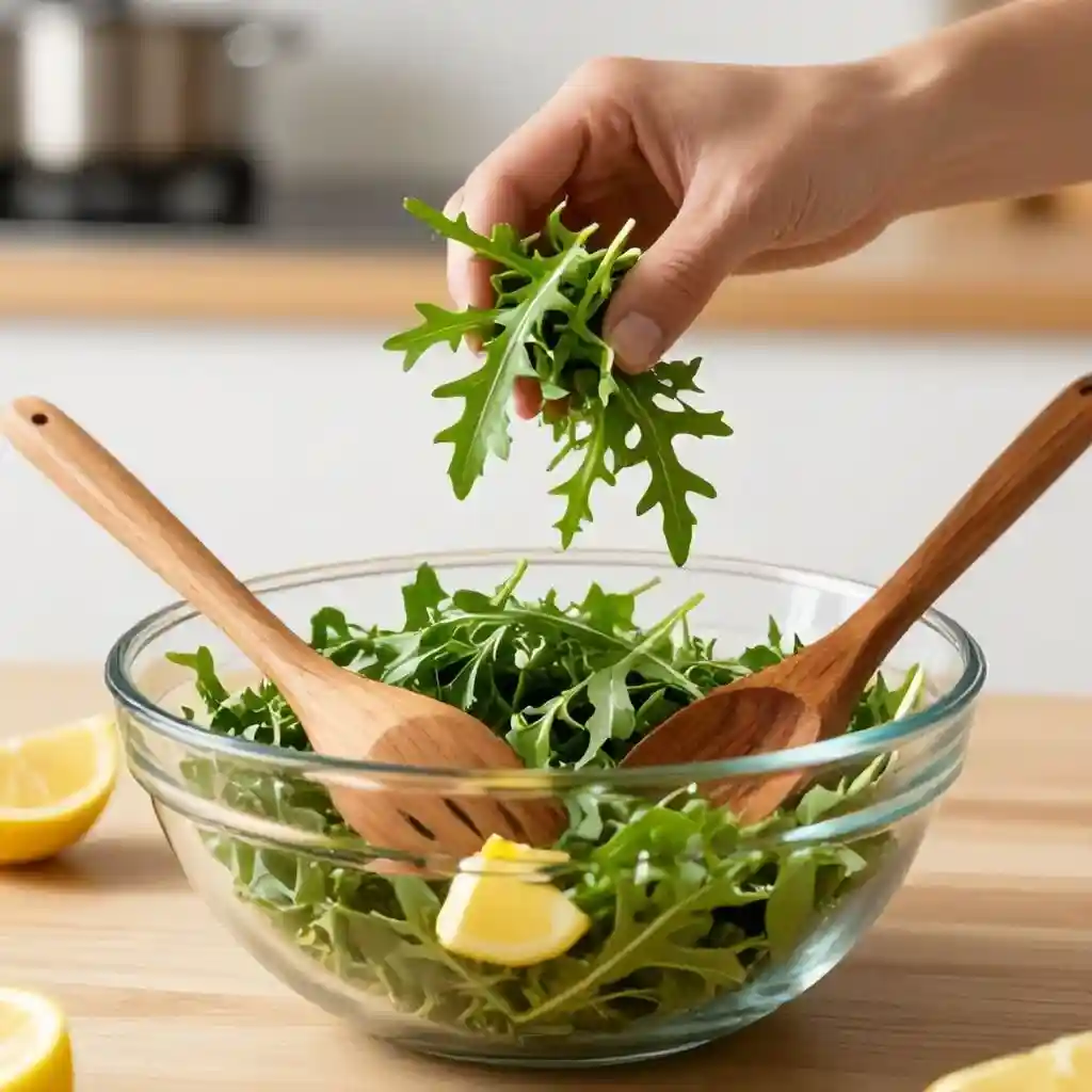 Lemon Arugula Salad 2 Tossing lemon arugula salad with wooden servers in glass bowl