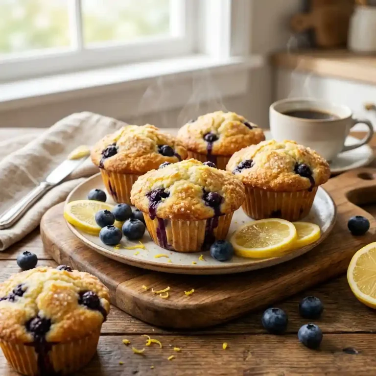 Lemon Blueberry Muffins 1 Golden lemon blueberry muffins on a marble surface with fresh blueberries and lemon slices"