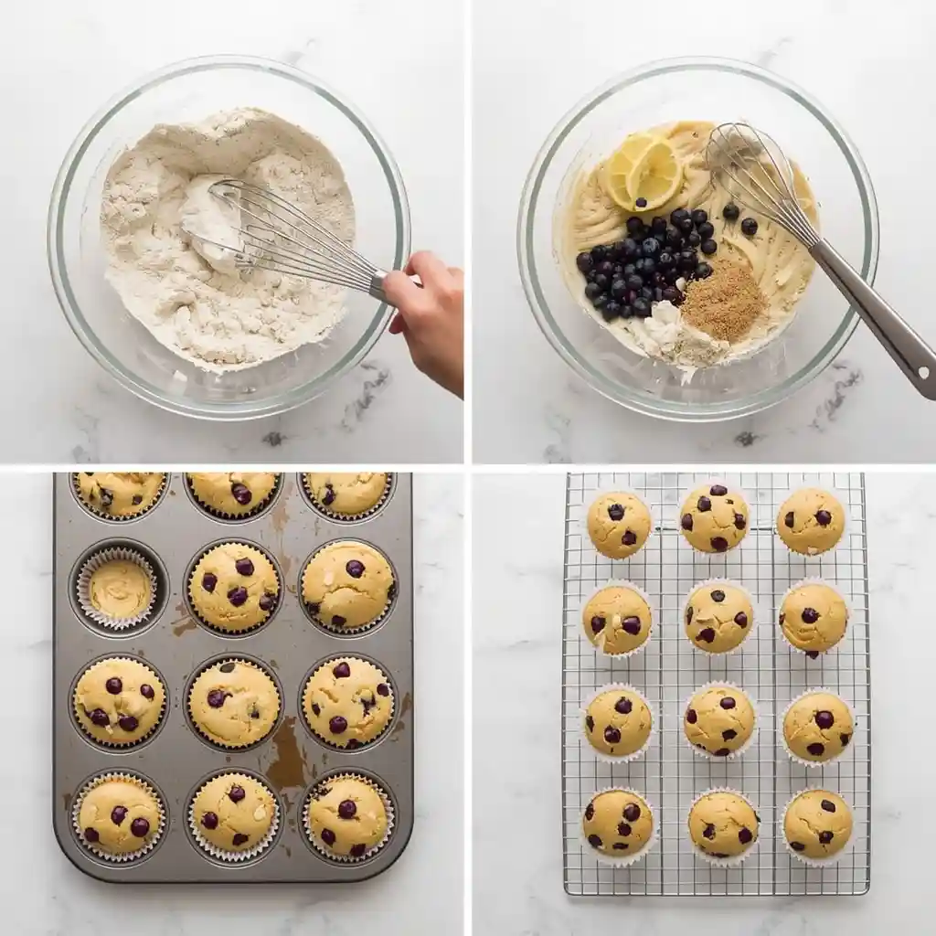 Lemon Blueberry Muffins 2 Step-by-step process of making lemon blueberry muffins from mixing batter to finished muffins"