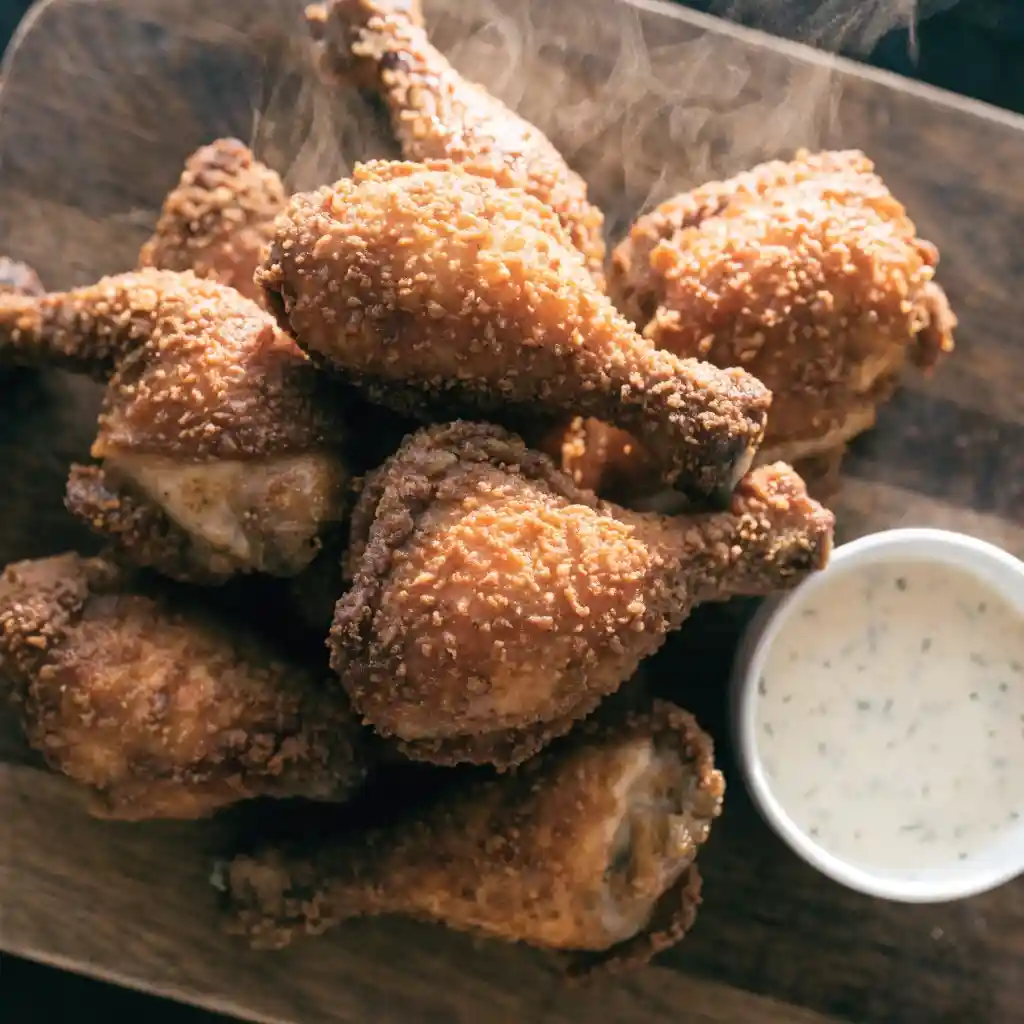 Crispy golden broasted chicken pieces on a wooden board with dipping sauce