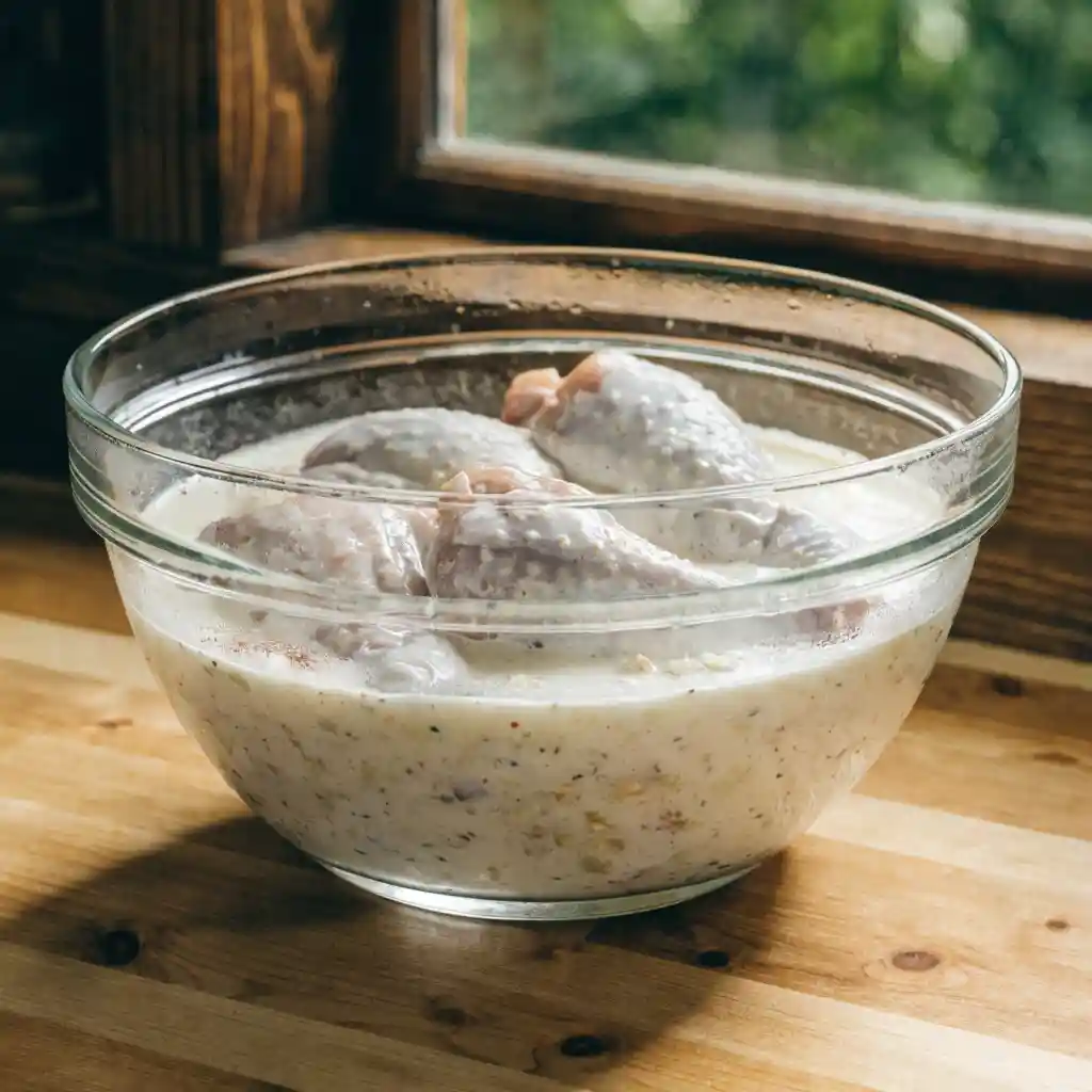 Broasted Chicken Recipe 2 Chicken pieces marinating in seasoned buttermilk for broasted chicken recipe