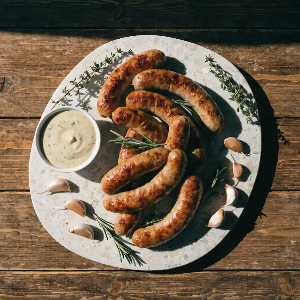 Grilled chicken sausage links on a wooden board with fresh herbs