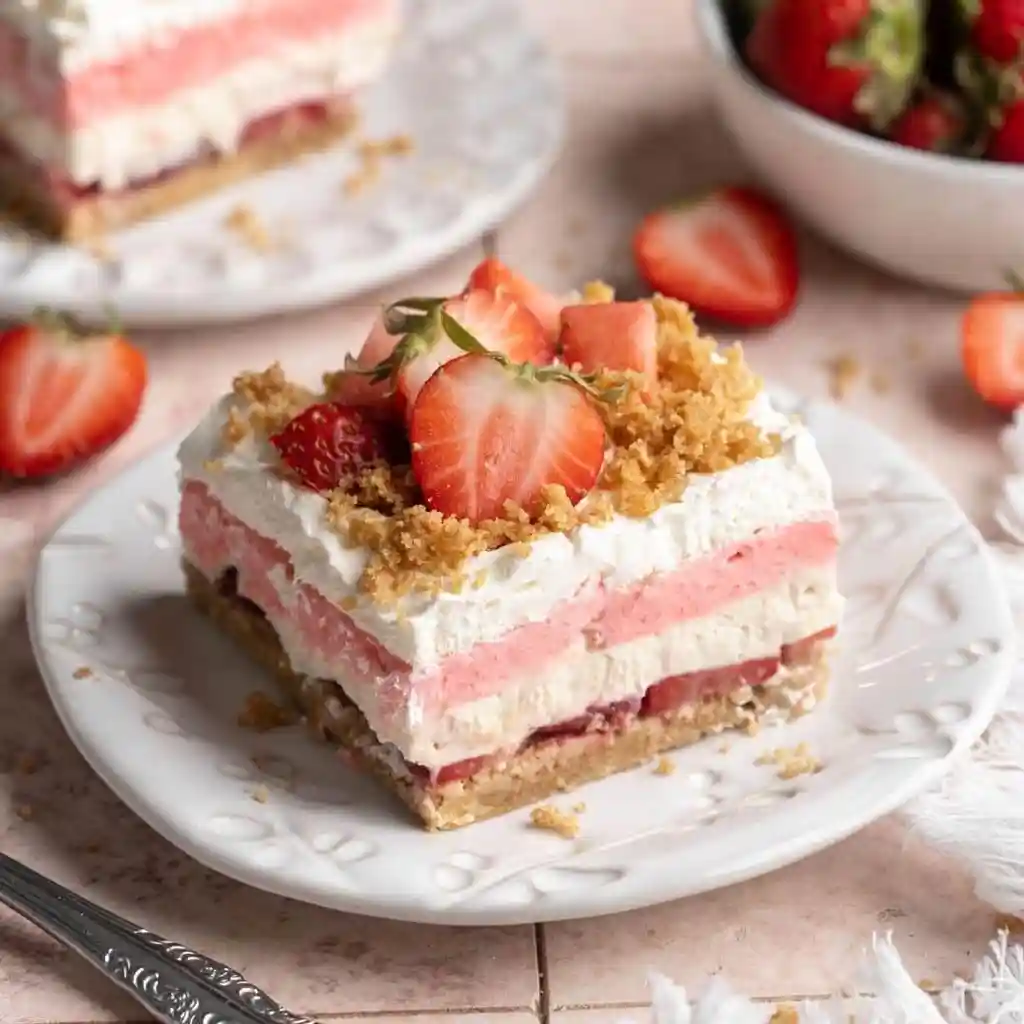 Easy Strawberry Dessert Recipes 2 A layered no-bake strawberry dessert in a glass dish showing cream and fresh strawberry layers — a creamy strawberry dessert recipe