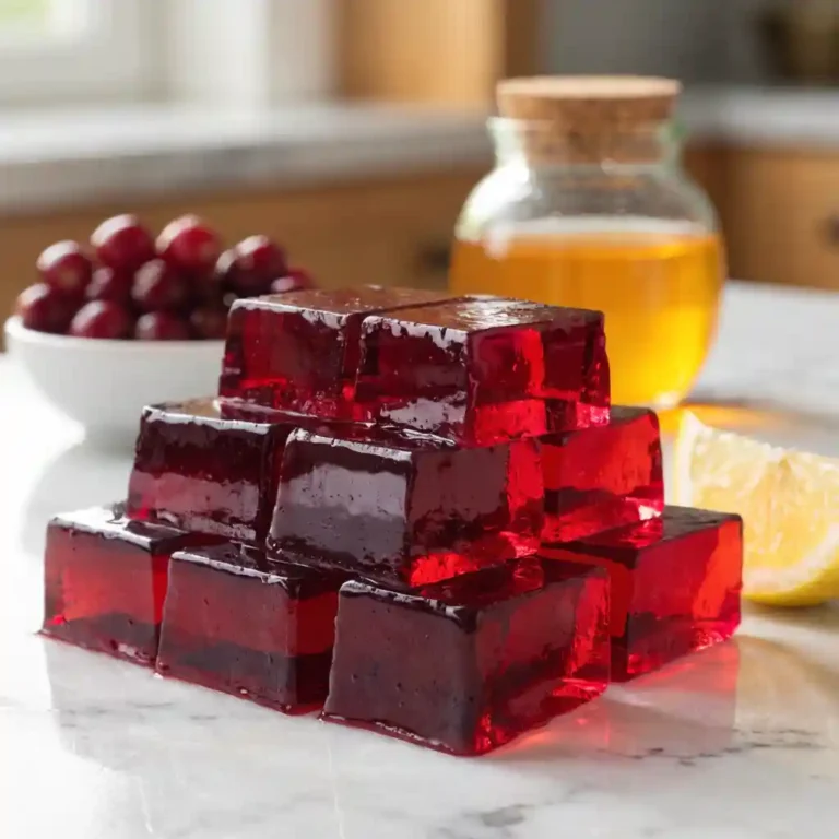 Gelatin Trick Recipe: Everything You Need to Know 1 Pink gelatin cubes stacked on a marble countertop with lemon, cranberries, and honey ingredients for a homemade gelatin trick recipe.