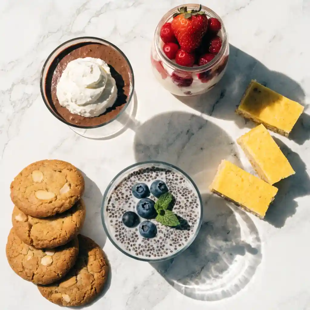 diabetic dessert recipes 3 Diabetes-friendly dessert ingredients including almond flour, monk fruit sweetener, berries, and Greek yogurt.