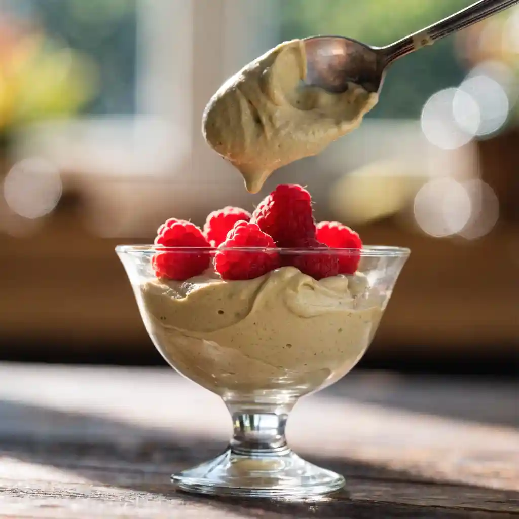 Sugar-free chocolate mousse made with avocado topped with fresh raspberries — a healthy diabetic dessert recipe
