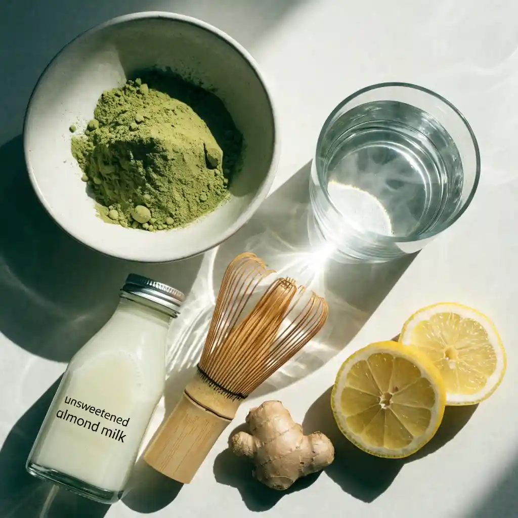 Matcha Weight Loss Recipe 2 Ingredients for a matcha weight loss recipe including matcha powder, lemon, ginger, and almond milk